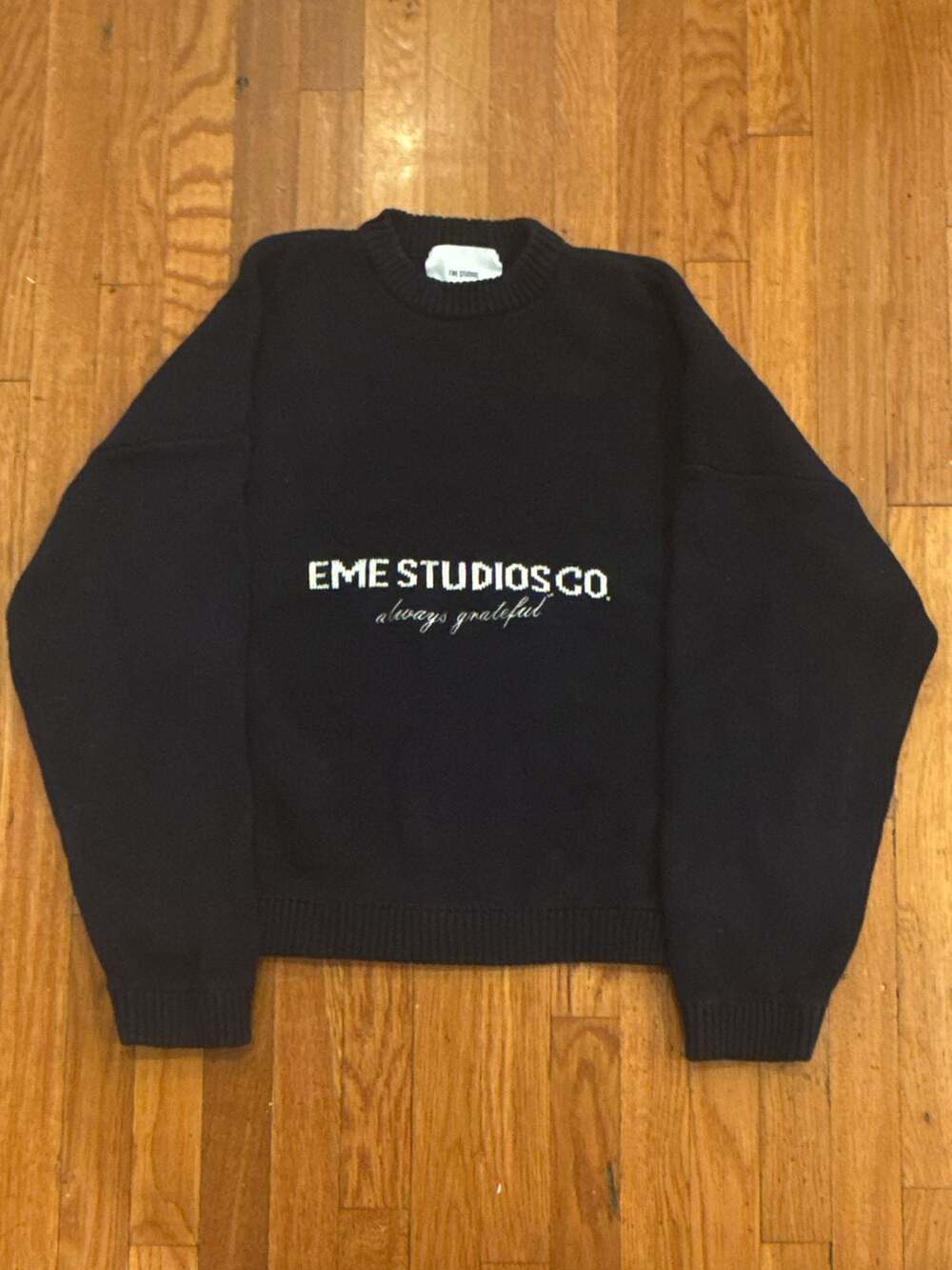 EME Studios Master Navy Knit Sweater Always Grateful Size M